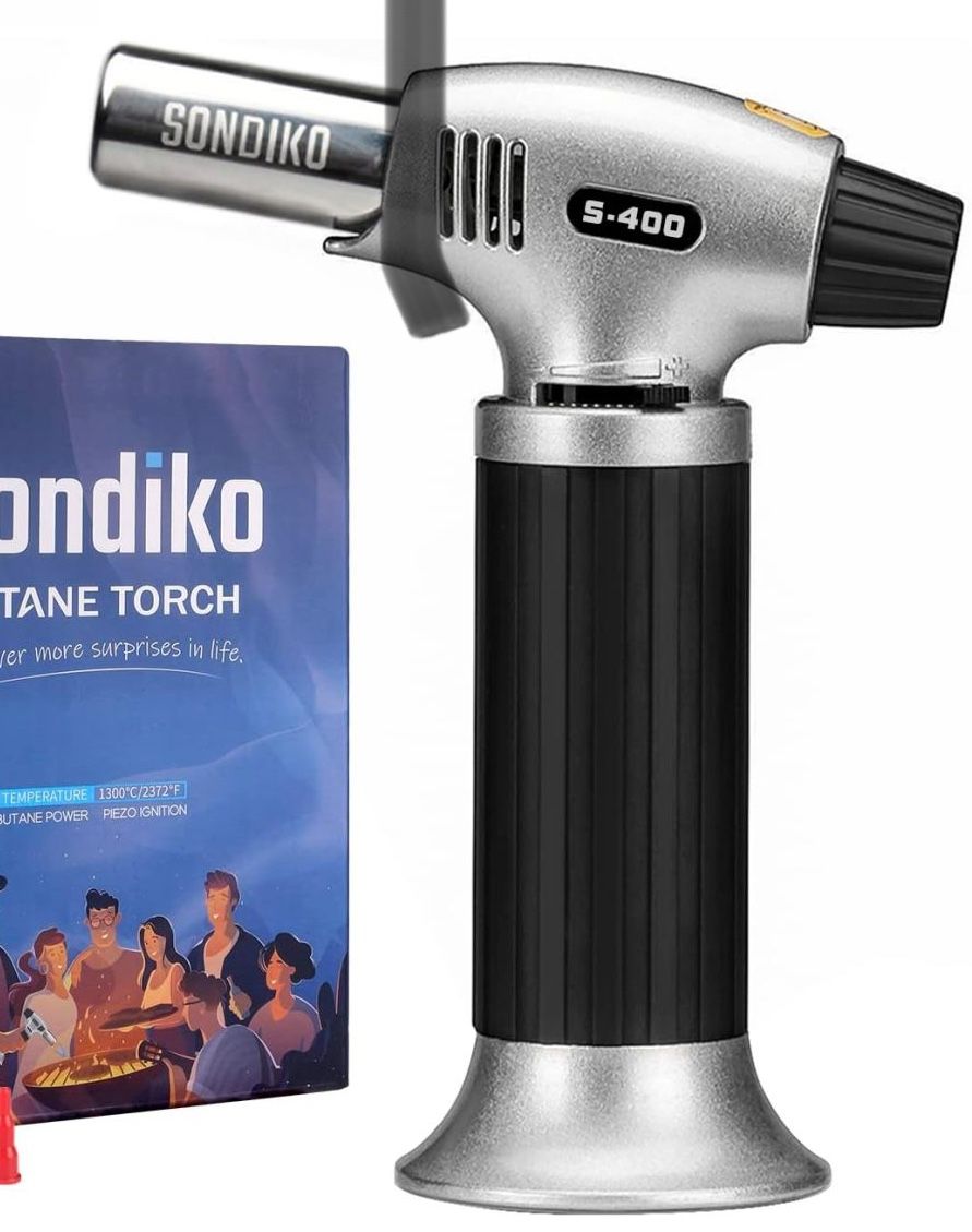 Sondiko Butane Torch S400, Refillable Kitchen Torch Lighter, Fit All Butane Tanks Blow Torch with Safety Lock and Adjustable Flame for Desserts, Creme