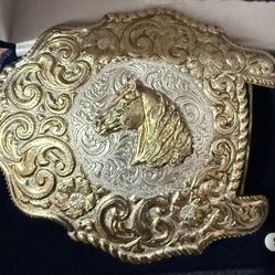 Vintage CRUMRINE Gold on Silver Plated Horse Cowboy Belt Buckle