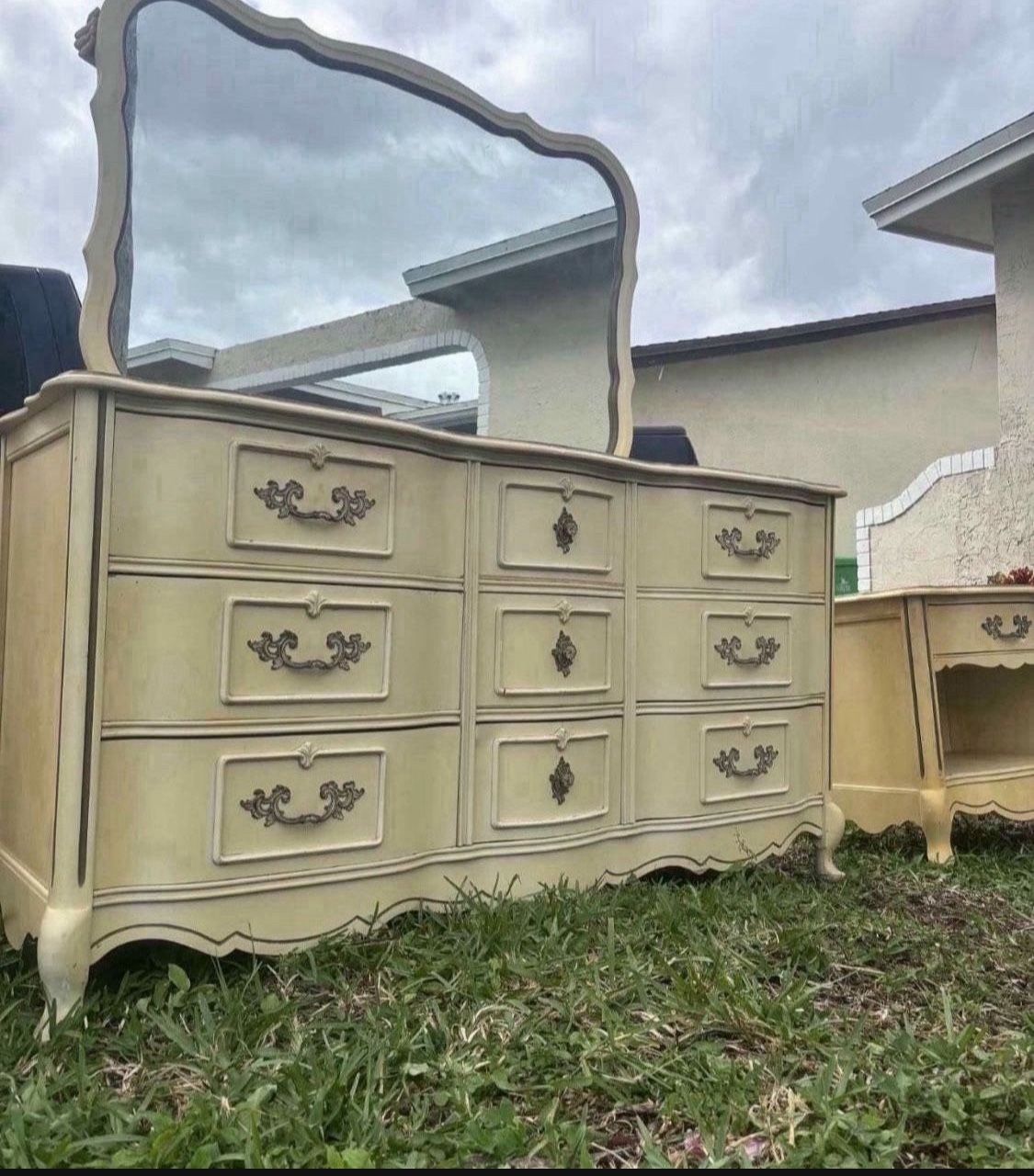 Vintage French Provincial Bedroom Set Dresser With Mirror Upright Chest Nightstand 61”Lx20”Wx33”H Dresser 24”Lx15”Wx24”H Nightstand  34.5”Lx18”Wx47”H 