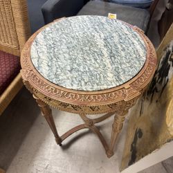 19th-century French Louis XVI-style carved wood side table with a green mottled marble top - 18” 