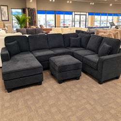 Chenille fabric sectional sofa with ottoman