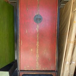 Antique red lacquered wedding cabinet armoire wardrobe, with large medallion, 2 doors and 2 drawers