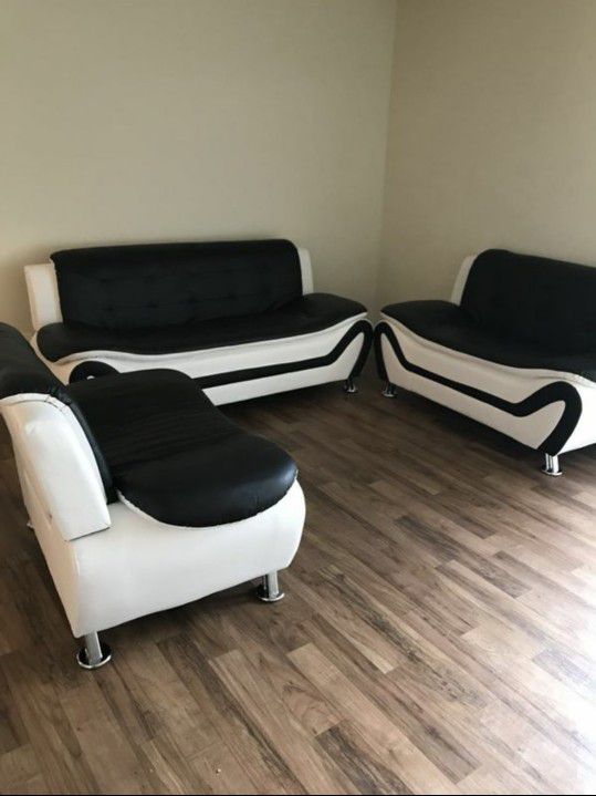 Black/ White Leather 3 Piece Sofa Set 