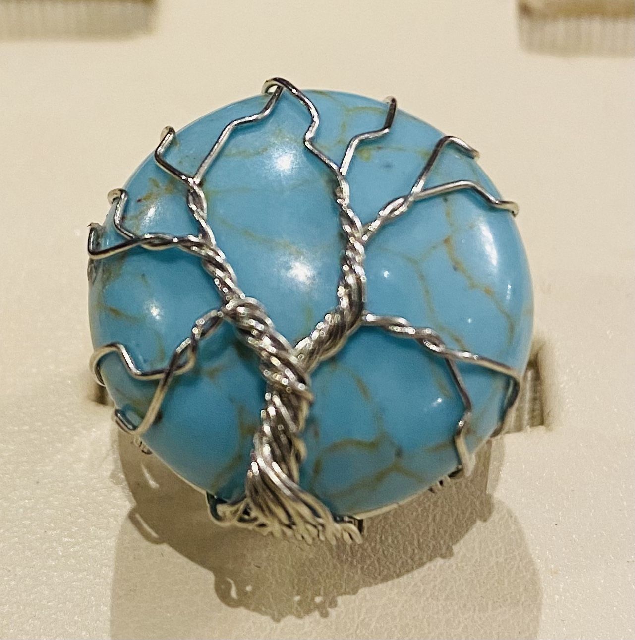 Turquoise Tree of Life Ring Adjustable made with a silver alloy wire. 