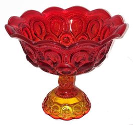 Vtg LE Smith Moon & Stars Amberina 7 3/4" Crimped Compote