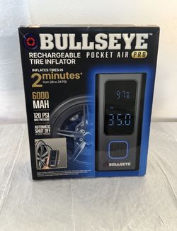 Bullseye Pocket Air Pro Rechargeable Tire Inflator w/ Power Bank Feature (Must Have!)