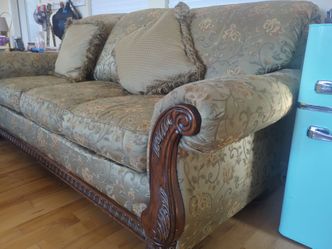 Traditional Floral Sofa with Carved Wood Trim