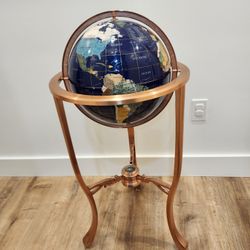 36" Tall Blue Lapis Gemstone World Globe Tripod Compass Metal Floor Stand