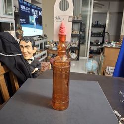 Colorful Orange Glass Decanter With Santa Stopper Embossed Design 12" Current Market Value $15-$18