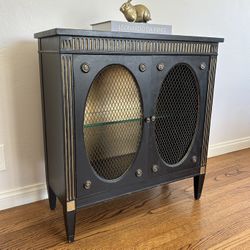 Vintage Wood Metal Mesh Doors Glass Shelf Table Accent Decor Console Table Bar Table Display Shelf Mid Century Era Retro Unique 