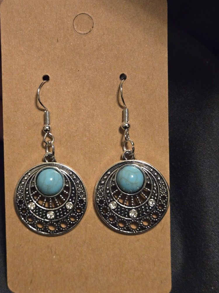 Turquoise Round Silver Earrings Bohemian Chic Hook Dangle Handmade NEW