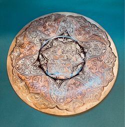 Vintage large copper plate with intricate etched detailing. Made in Turkey