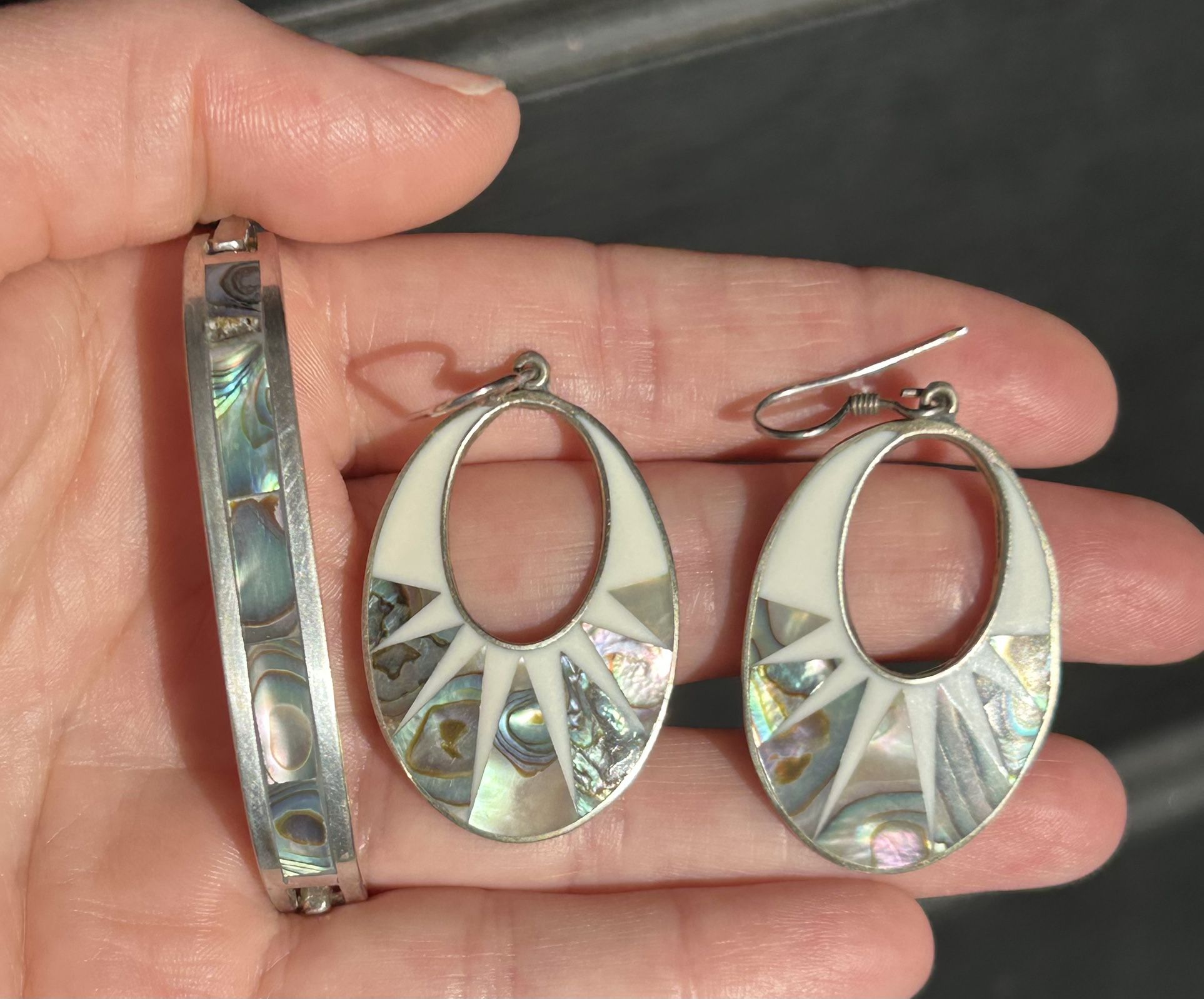 Vintage Alpaca Mexico Set 2-Abalone Inlay Earrings Bracelet Southwestern Boho Artisan Jewelry Pair