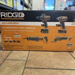 Ridgid 18V Brushless Cordless 4-Tool Combo Kit with (1) 4.0 Ah and (1) 2.0 Ah MAX Output Batteries, 18V Charger, and Tool Bag