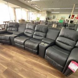 Black Leather Reclining Theatre Sectional Sofa Couch 