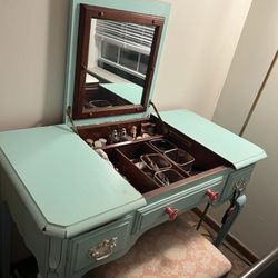 Teal and Pink vanity with mirror  and chair