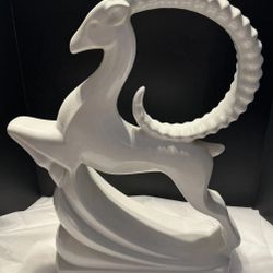 Vintage 19" Royal Haeger Pottery Gazelle Ram Ibex White Smooth Gloss Statue