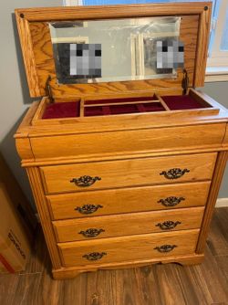 Vintage Solid Oak Jewelry Dresser Armoire Chest - Flip Top Mirror Vanity