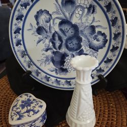 Blue and White Plate, Trinket Box and Milk Glass Vase Decor
