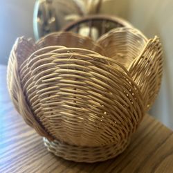 Wicker shell basket bowl - boho beach coastal decor 7" across