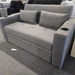 Brand New Gray Linen Twin Size Sleeper Sofa With Cup Holders (Sofa: 59" x 34" x 33"H; Pull-out Bed: 59" x 70" x 26"H)