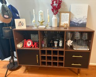 Bar Cabinet, 47 inch Walnut - Modern Cabinet with LED Light Charging Station, Buffet Table, Coffee Bar & Storage for Home Bar