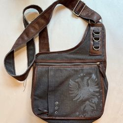 American Eagle Leather Tan Canvas Messenger Bag Double Headed Eagle Military Y2K