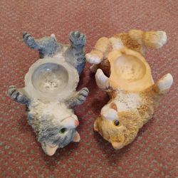 SET OF 2 VERY HAPPY LIFELIKE CATS LAYING ON THEIR BACKS HEAVY RESIN TEA LIGHT VOTIVE CANDLE HOLDERS