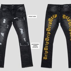 Kloud9 Black Distressed "Drip" Cargo Jeans - Size 36/38