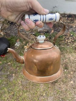 Vintage Copper tea Kettle With Ceramic Blue And White Handle