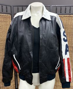 Vintage Michael Hoban WhereMI USA Flag Leather Jacket Moto Biker 90s Statement Coat L Via 