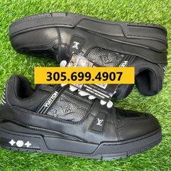 [NO BOX] LOUIS VUITTON LV TRAINER BLACK LEATHER NEW SNEAKERS SHOES SIZE 35 36 37 38 39 40 41 42 43 44 45 46 5 6 7 8 8.5 9.5 10 10.5 11 12 A5