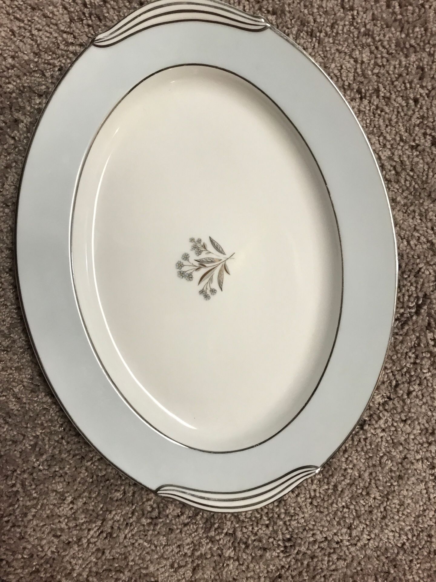 Noritake China Blue Mavis 5543 Silver Trim Oval Vegetable Serving Bowl and Serving Platter