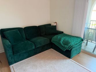 Green Velvet Sectional Sleeper Sofa with Ottoman set