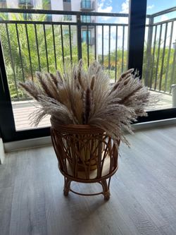 Boho Rattan Plant Stand with Faux Pampas Grass Decor