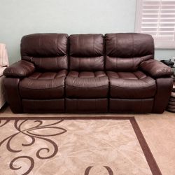 Brown Leather Reclining Sofa – Very Comfortable