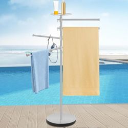 Outdoor Towel Rack with Weighted Base, Stainless Steel Pool Towel Rack Outdoor with Storage Tray, 4 Adjustable Bars 