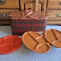 Vintage 50's Redmon Peru Indiana Red Plaid Picnic Basket & Acces.