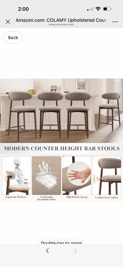 Set of 4, Upholstered Counter Bar Stools, Kitchen Island Stools with Back, Modern Counter Height Stools with Wood Legs for Kitchen Island Dining Room 