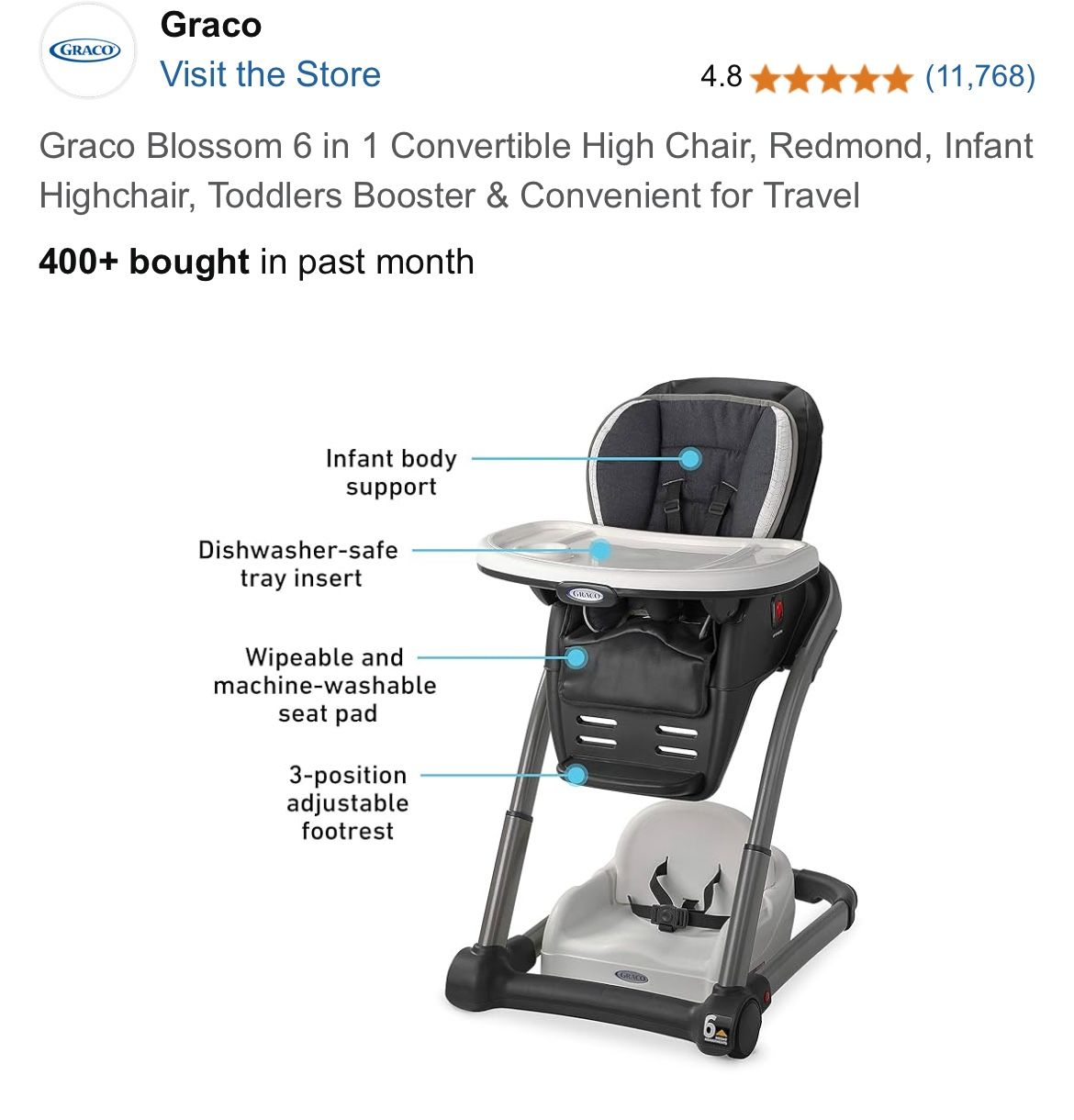 Graco Blossom 6 in 1 Convertible High Chair, Redmond, Infant Highchair, Toddlers Booster