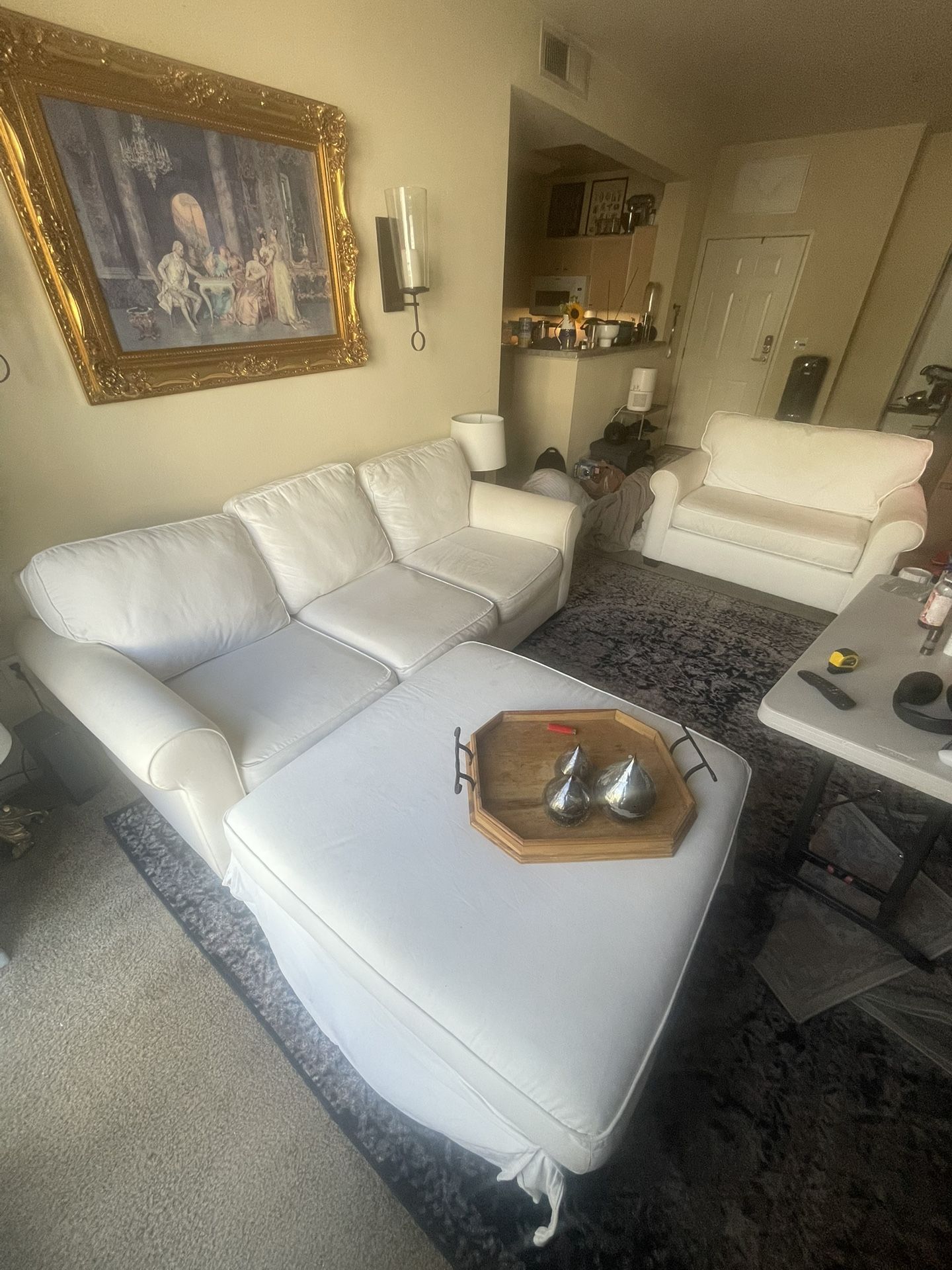 Pottery Barn Sectional Sofa + Ottoman + Armchair (with Sleeper)