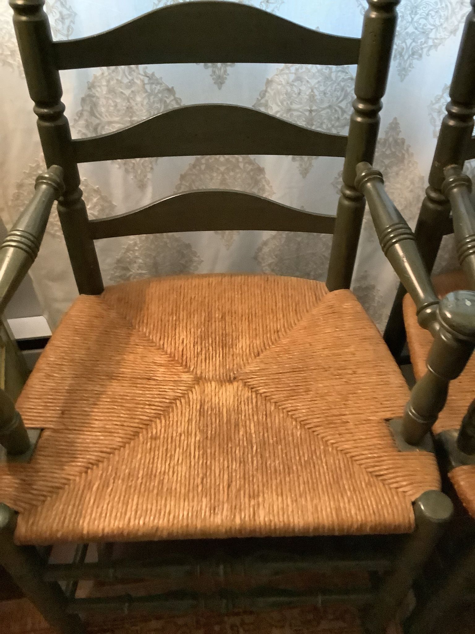 2 vintage Cane & Solid Wood Matching Chairs With Raw Silk Custom Seat Cushions