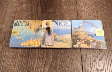 New 6 Cartexpo French Riviera Coasters, classic travel poster illustrations of Monaco, Saint-Tropez, and Juan-les-Pins,