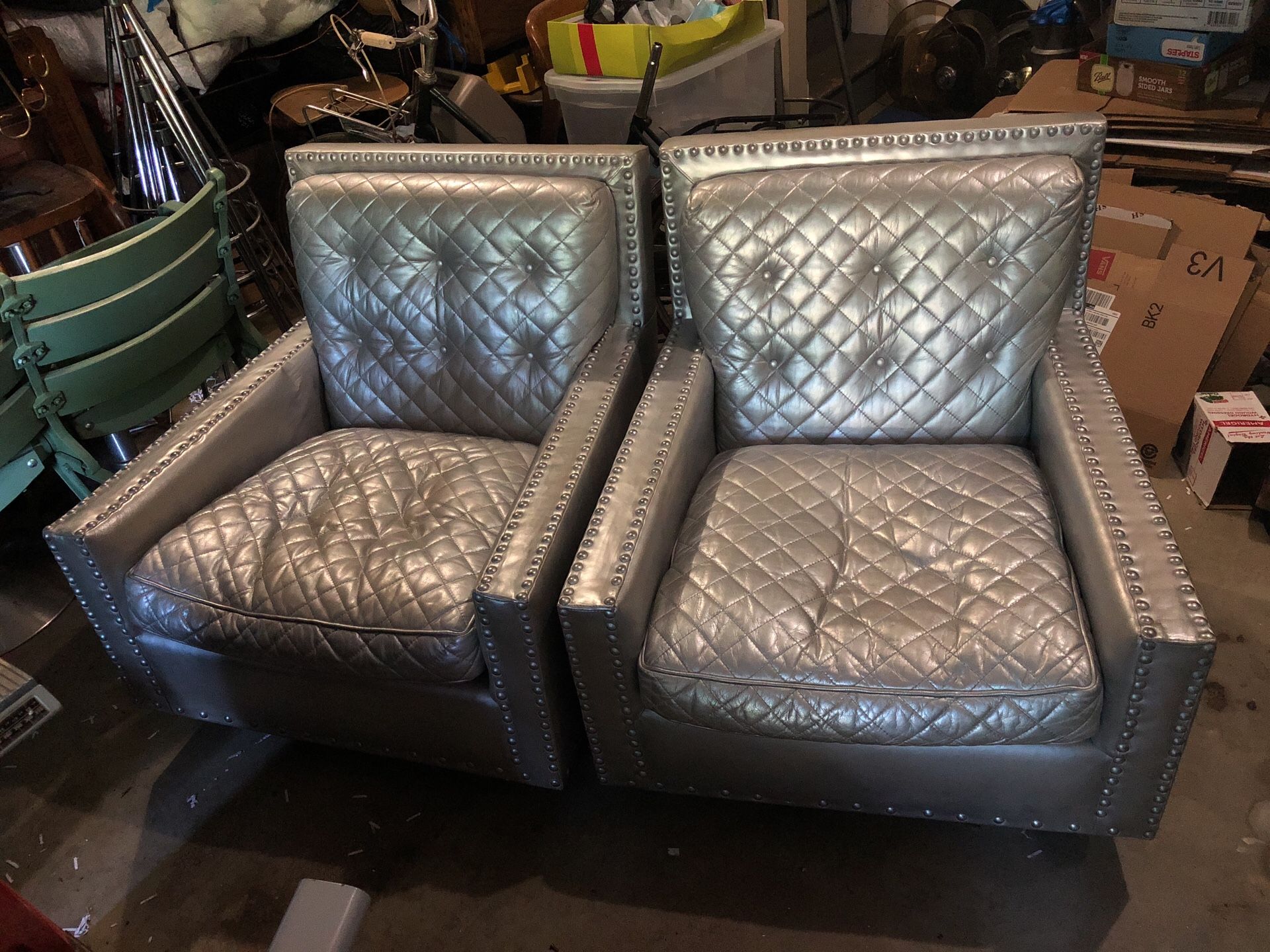 Pair Old Hickory Tannery, Silver Leather, High Quality Chairs, As Is