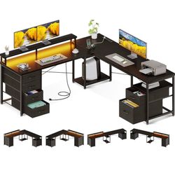 AODK 66" L Shaped Computer Desk, 113“ Reversible Home Office Desk with File Cabinet & 4 Fabric Drawers, Two Person Desk with LED Lights & Power Outlet