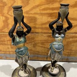 Pair of Egyptian Revival Cold Painted Figural Candlesticks, Austria Circa 1800s
