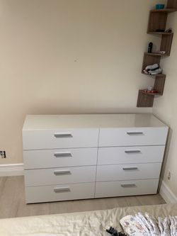 White 8-Drawer Double Dresser – Modern, Silver Handles