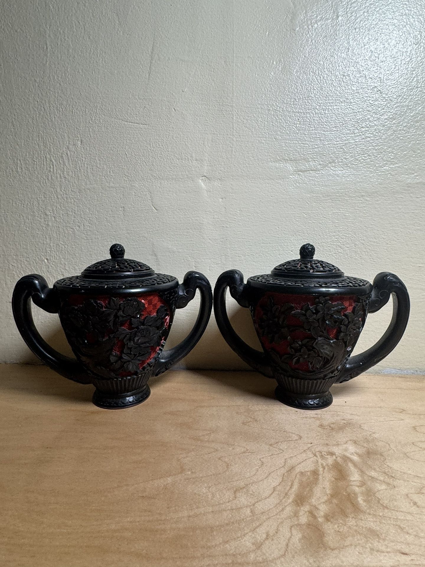 Pair of Vintage Chinese Cinnabar Lacquer Lidded Vases – Black Floral Carving with Blue Enamel Interior – Brass Trim – Mid Century Oriental Decor
