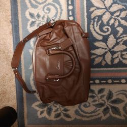 BROWN LEATHER COACHED BAG