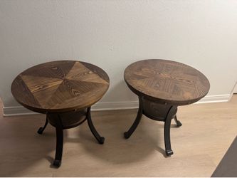 Set of 2 Round Wood & Metal End Tables